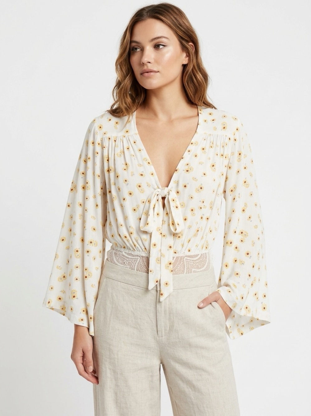 Free People Bodysuit Forties Feel Bell Sleeve Sunflower Print White Yellow M